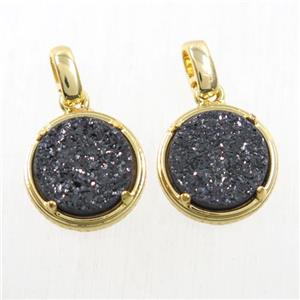 black Druzy Agate pendant, flat-round, gold plated, approx 12mm dia