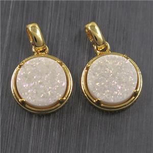 white AB-color Druzy Agate pendant, flat-round, gold plated, approx 12mm dia