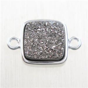 silver druzy quartz connector, square, platinum plated, approx 12x12mm