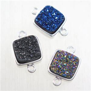 mix color druzy quartz connector, square, platinum plated, approx 12x12mm