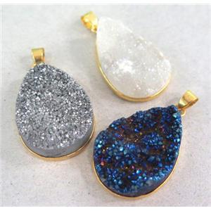 druzy quartz pendant, teardrop, mixed color, approx 22x30mm