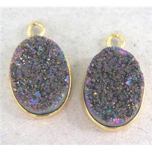 druzy quartz pendant, oval, rainbow electroplated, approx 12x16mm