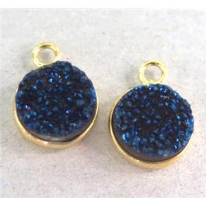 druzy quartz pendant, flat-round, blue electroplated, approx 10mm dia