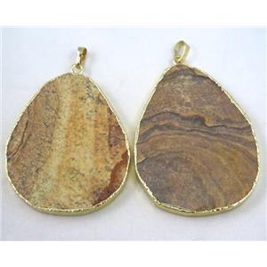 Picture Jasper pendant, freeform slab, yellow, approx 20-70mm