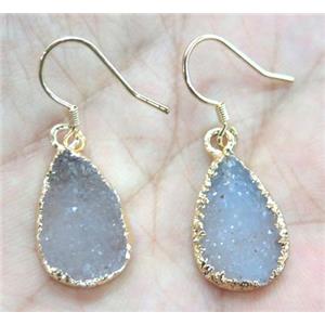 druzy agate earring, teardrop, gold plated, approx 12x18mm