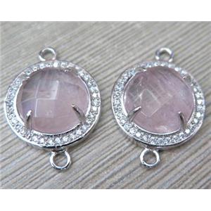 Rose Quartz connector with rhinestone, round, approx 20mm dia