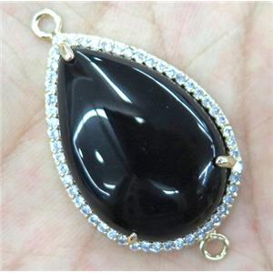 black agate connector with rhinestone, teardrop, approx 20x30mm