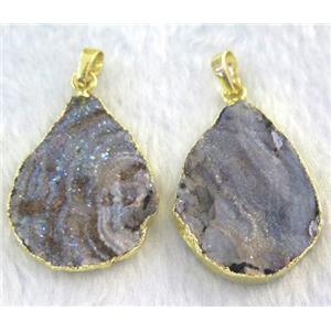 druzy SunAgate pendant, teardrop, gold plated, approx 25x35mm