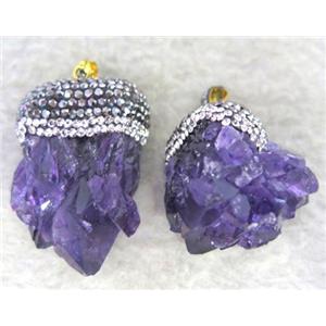 Amethyst druzy pendant paved rhinestone, freeform, approx 15-30mm