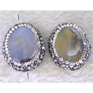 Heihua agate bead paved rhinestone, oval, gray, approx 14-20mm