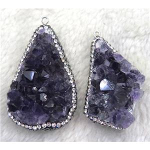 amethyst druzy pendant paved rhinestone, freeform, purple, approx 15-45mm