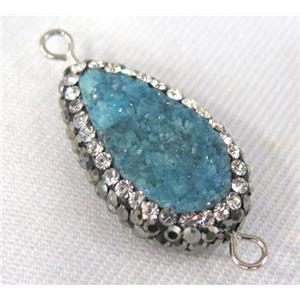 blue Druzy Quartz connector paved rhinestone, teardrop, approx 10-20mm