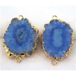 royal blue Solar Quartz druzy slice connector, freeform, gold plated, approx 15-35mm