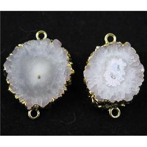 white Solar Quartz druzy slice connector, freeform, gold plated, approx 15-35mm