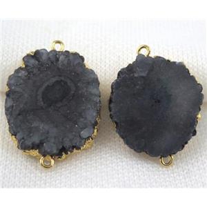 black Solar Quartz druzy slice connector, freeform, gold plated, approx 15-35mm