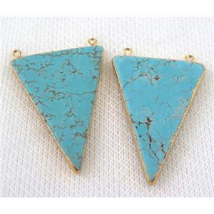 blue turquoise triangle pendant with 2loops, gold plated, approx 25-40mm