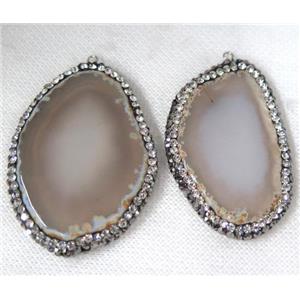 agate slice pendant pave rhinestone, gray, approx 20-50mm