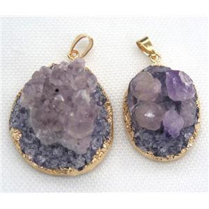 Amethyst druzy pendant, purple, freeform, gold plated, approx 20-40mm