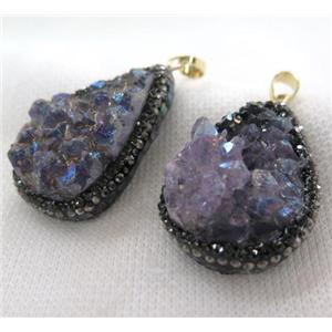 Amethyst druzy teardrop pendant paved abalone shell foil, rhinestone, approx 15-40mm