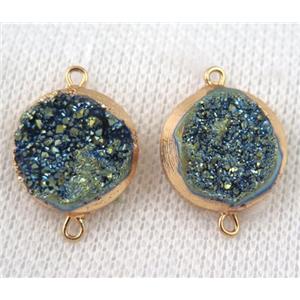 green druzy quartz connector, flat round, gold plated, approx 16mm dia