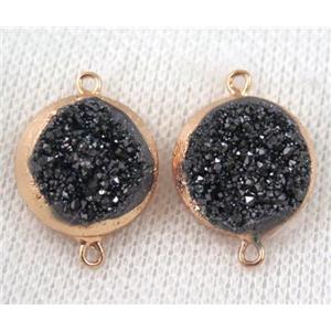 black druzy quartz connector, flat round, gold plated, approx 16mm dia