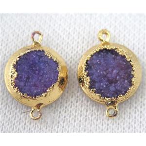 purple druzy quartz connector, flat round, gold plated, approx 16mm dia