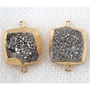 silver druzy quartz connector, square, gold plated, approx 16x16mm