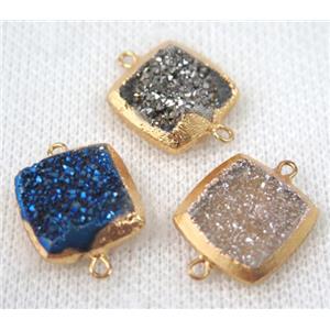 druzy quartz connector, mix color, square, gold plated, approx 16x16mm