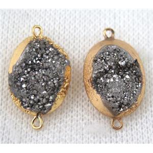 silver druzy quartz connector, oval, gold plated, approx 15x20mm