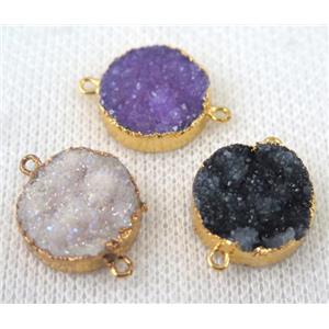 mixed druzy quartz connector, flat round, gold plated, approx 16mm dia