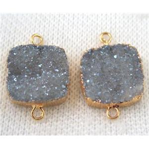 light blue-gray druzy quartz connector, square, gold plated, approx 16x16mm