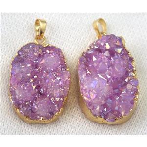 hotpink druzy quartz pendant, AB color, freeform, gold plated, approx 20-35mm