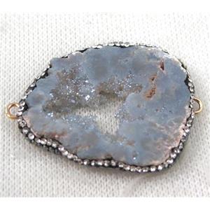 Agate Druzy slab connector paved rhinestone, freeform, blue-gray plated, approx 30-55mm