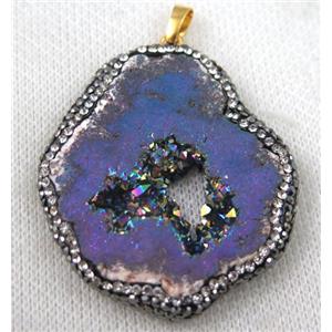 druzy agate slice pendant paved rhinestone, freeform, rainbow plated, approx 30-60mm