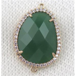 green crystal glass teardrop connector paved zircon, gold plated, approx 18x24mm