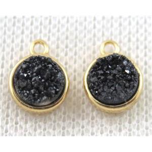 black druzy quartz pendant, circle, copper, gold plated, approx 8mm dia