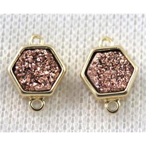 rose-golden druzy quartz hexagon connector, copper, gold plated, approx 9mm dia