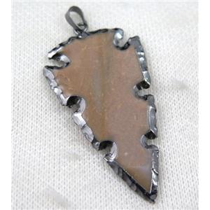 Rock Agate arrowhead pendant, natural color, black plated, approx 20-65mm