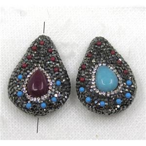 jade beads paved black rhinestone, teardrop, mix color, approx 28-40mm