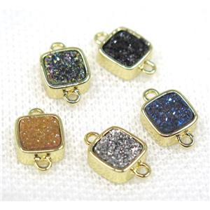 druzy quartz connector, mix color, square, gold plated, approx 8x8mm