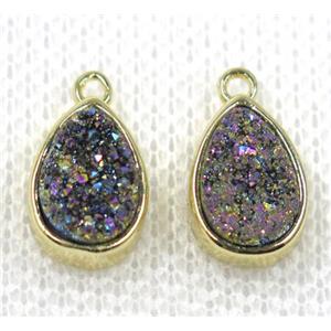 rainbow druzy quartz teardrop pendant, gold plated, approx 6x10mm