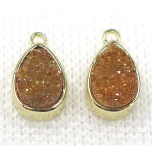 gold champagne druzy quartz teardrop pendant, gold plated, approx 6x10mm