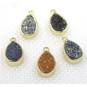 druzy quartz teardrop pendant, gold plated, mix color, approx 6x10mm