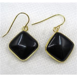 black agate earring, square, gold plated, approx 18x18mm