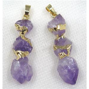 purple Amethyst stick pendant, gold plated, approx 10-50mm