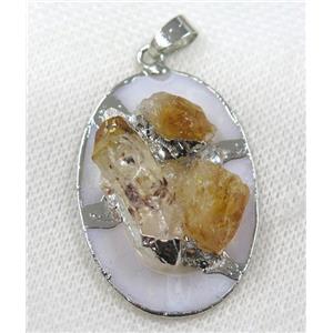 yellow Citrine oval pendant, silver plated, approx 25-40mm