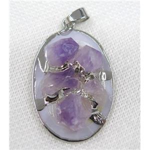 purple Amethyst oval pendant, silver plated, approx 25-40mm