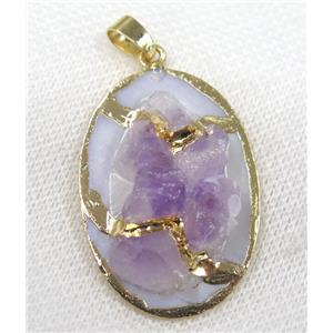 purple Amethyst oval pendant, gold plated, approx 25-40mm