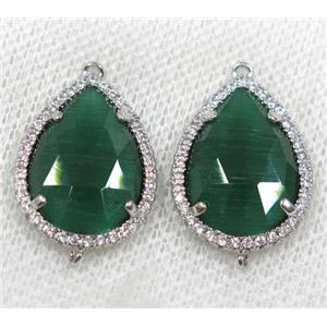 green crystal glass connector paved rhinestone, faceted teardrop, platinum plated, approx 13x18mm