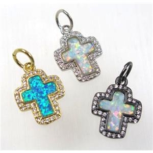 synthetic Fire Opal cross pendant paved zircon, copper, mix color, approx 12x14mm